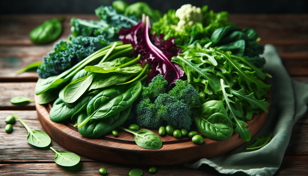 Professional photo of fresh leafy greens on a wooden cutting board. The vibrant colors of spinach kale and arugula stand out emphasizing their impo