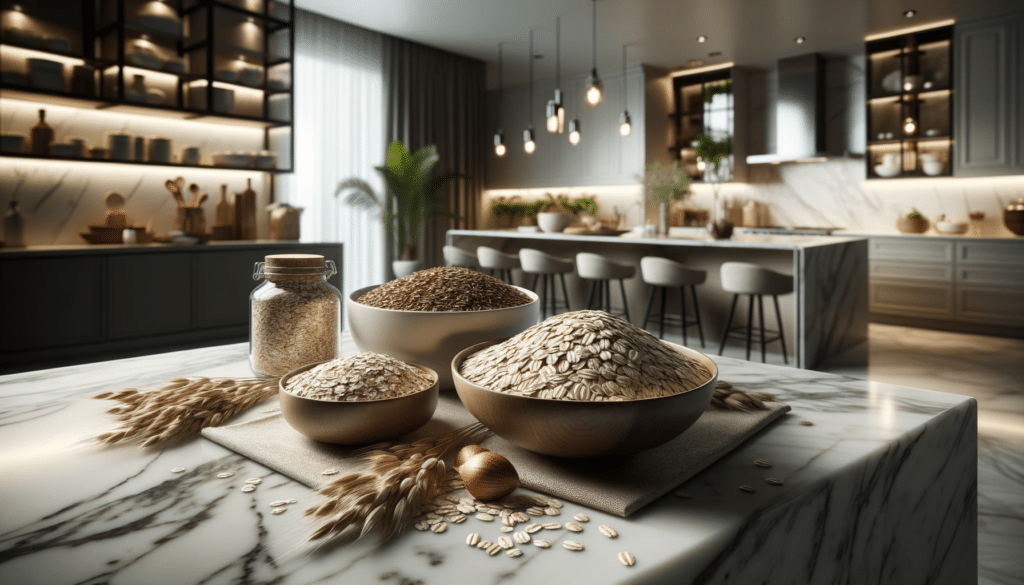 Professional photo of fresh oat grains and oatmeal bowls elegantly displayed on a polished marble countertop in a sophisticated modern kitchen with