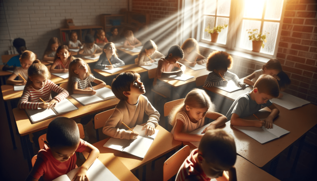 Realistic photo of a classroom filled with sunlight where children of diverse descent and gender are deeply involved in a creative writing activity