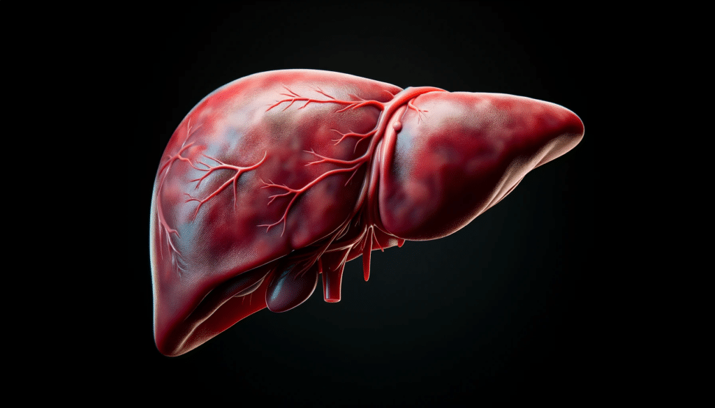Realistic render of a robust and healthy liver showcasing its characteristic shape lobes and rich color. The color palette centers around ciano es