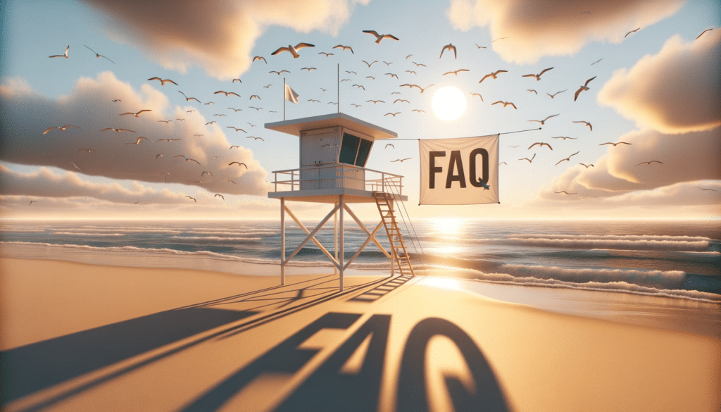 Render of a beach during the golden hour with a lifeguard tower prominently placed. A large FAQ banner hangs from the tower casting a long shadow