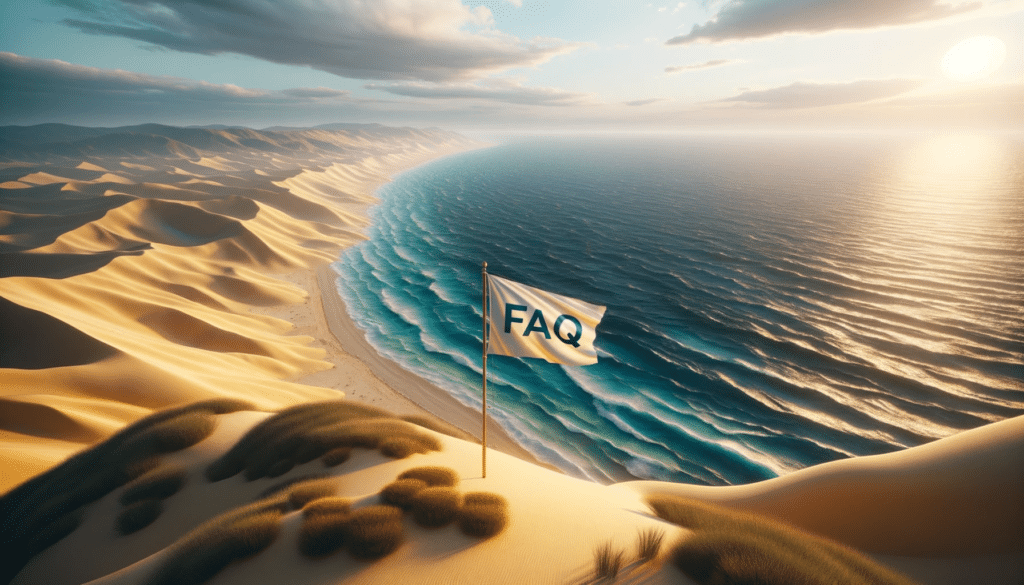 Render of a scenic coastal viewpoint where the deep blue of the sea meets the golden yellow of the sandy dunes. An FAQ flag flutters in the breeze