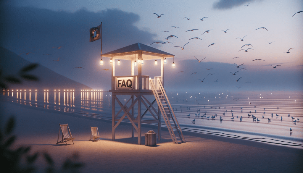 Render of a tranquil beach at dusk where the lifeguard tower is illuminated by soft lantern lights. The FAQ banner gently sways and seagulls can b
