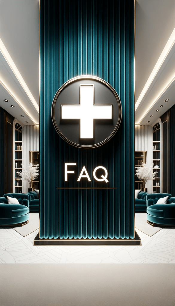 Render of a vertical sophisticated setting perhaps a luxurious office or lounge. A large dark cyan shield with a radiant white health cross is promin 1