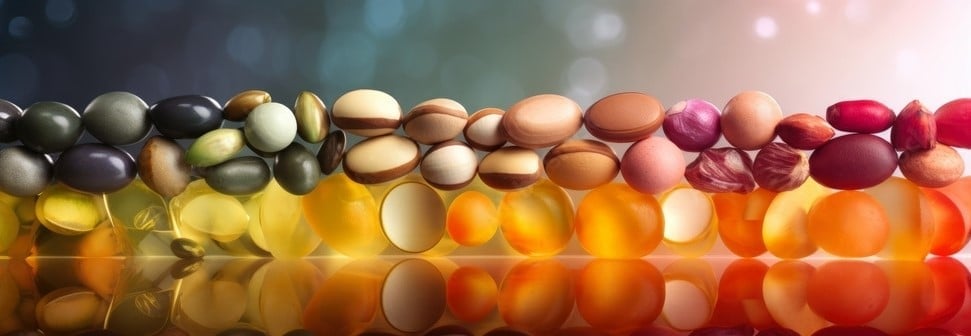 capsulas, medicamentos e nozes simulando vitaminas e minerais