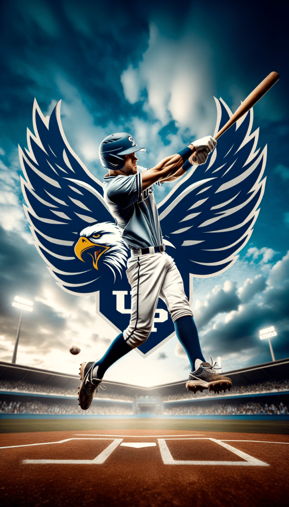 Tall photo of a MED USP Ribeirao baseball player in mid swing about to hit a powerful shot. The majestic eagle emblem of the team is subtly superimpo
