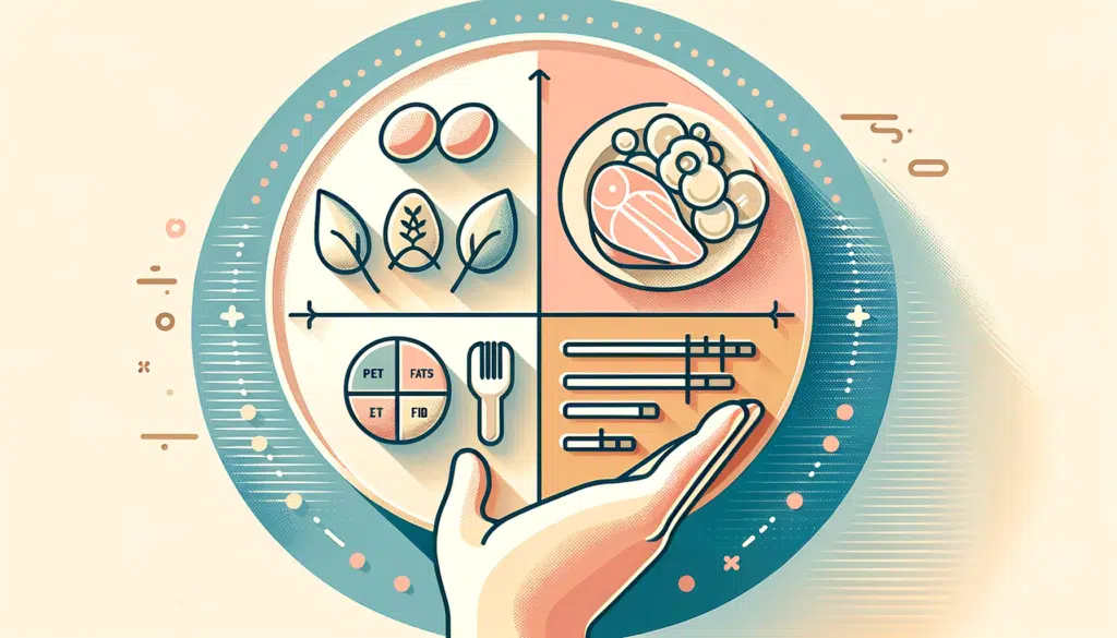 Vector design in a horizontal format highlighting the importance of portion control. Icons representing a balanced plate with protein good fats and