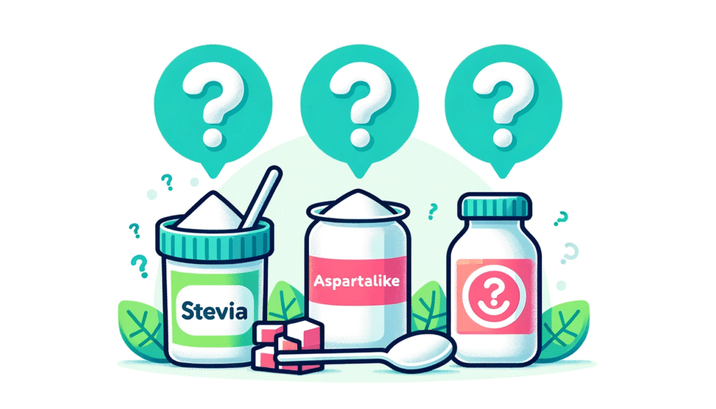 Vector Icons representing various sweeteners stevia aspartame sucralose with question marks hovering above them. Caption Final Thoughts How to
