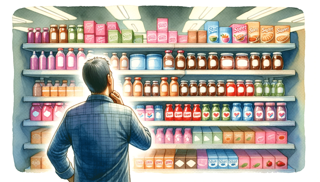 Watercolor painting A person at a supermarket aisle pondering over various sweetener options. Caption Final Thoughts How to Choose the Right Swee