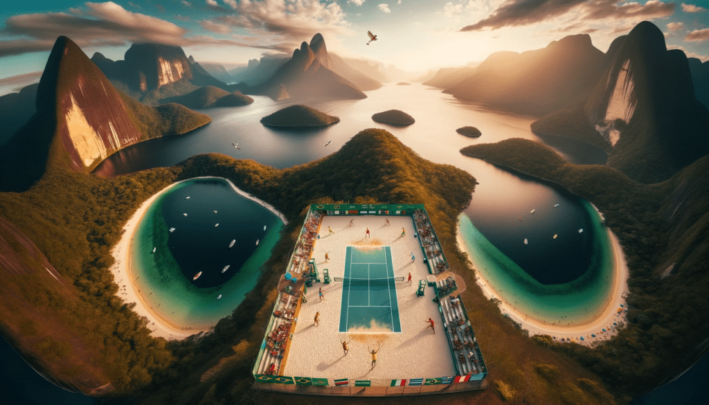 Wide angle capture of a beach tennis court floating high above an awe inspiring landscape of crystal clear lakes majestic mountains and vibrant rain
