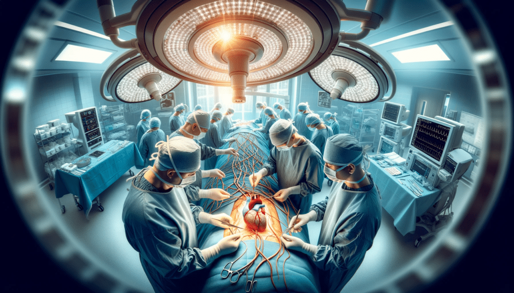 Wide depiction of a surgeon making a precise incision assisted by medical staff during a coronary artery bypass operation in a state of the art ope