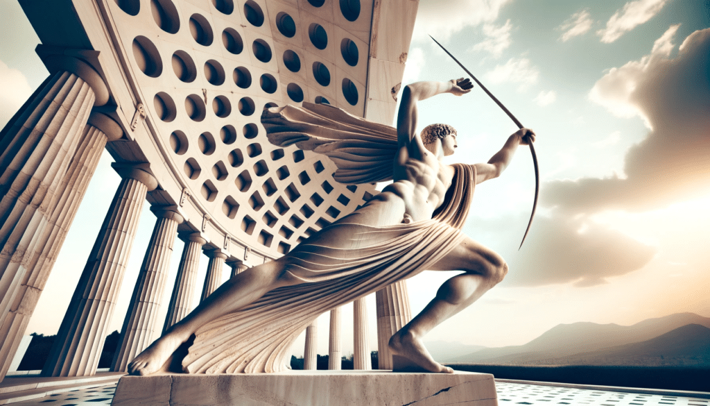 Wide illustration of a Greek statue portraying a figure in a pose symbolizing javelin throwing reflecting the athletic prowess of ancient Greeks