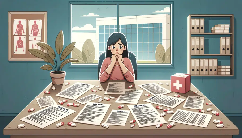 Wide illustration of a concerned woman sitting at a long desk surrounded by scattered papers containing lists of side effects with a window in the b
