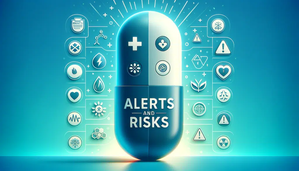 Wide illustration of a medicine capsule split in half with one side showing beneficial symbols and the other side showing warning signs. The backgrou