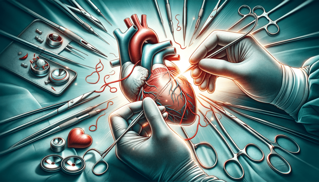 Wide illustration of a surgeons hands skillfully suturing a graft during a coronary artery bypass procedure with medical instruments and a heart mod