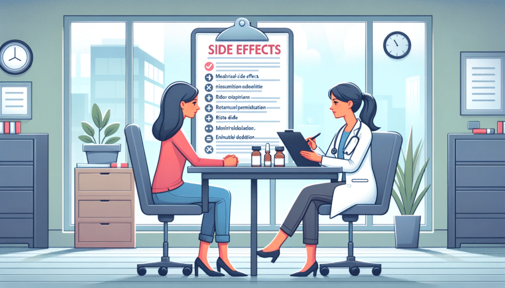 Wide illustration of a woman at a doctors office discussing a long list of potential side effects with her physician emphasizing the doctor patient