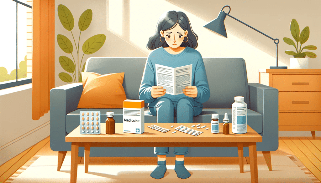 Wide illustration of a woman in a living room setting holding a medicine box and reading its side effects from a leaflet spread out on a coffee table