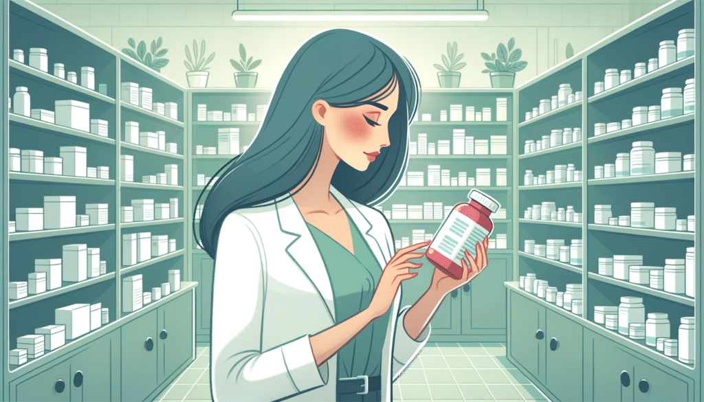 Wide illustration of a woman standing in a pharmacy holding a medicine bottle and closely examining its label detailing side effects with shelves of