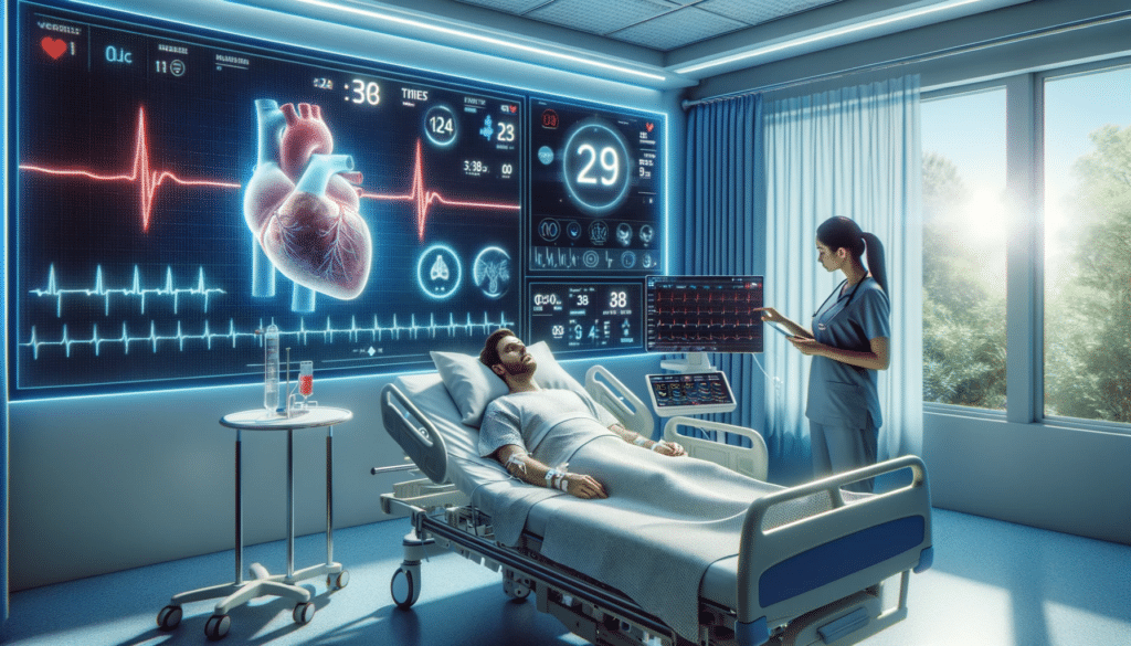 Wide image of a recovering patient in a modern hospital setting with a digital screen showcasing heart metrics and a nurse nearby ensuring comfort a