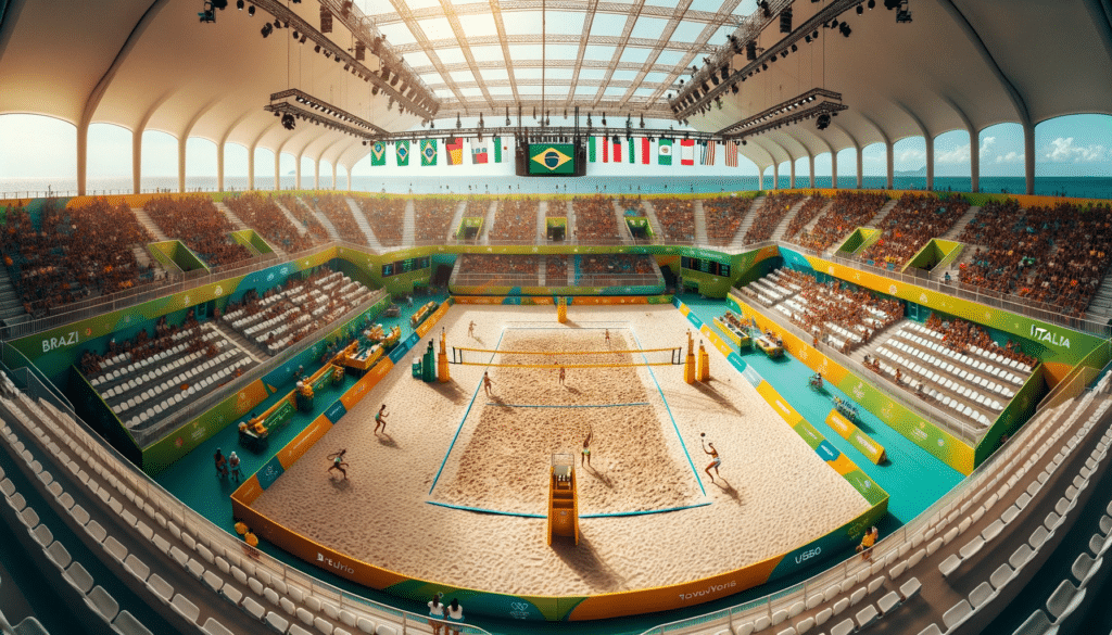 Wide panoramic view of a pristine beach volleyball court set within a large arena. The net placed at a height of 1.7 meters divides the court. On ea