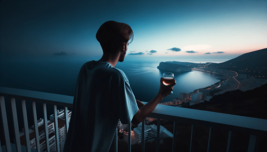 Wide photo 1792x1024 of a person on a balcony during twilight holding a glass of alcohol and looking into the distance. The scene is bathed in the