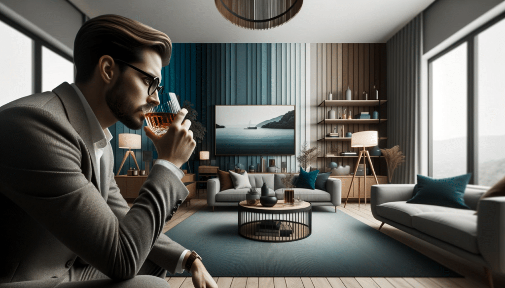 Wide photo (1792x1024) of an individual in a modern living room, pausing to reflect before sipping from a glass of alcohol. The room's decor features .png