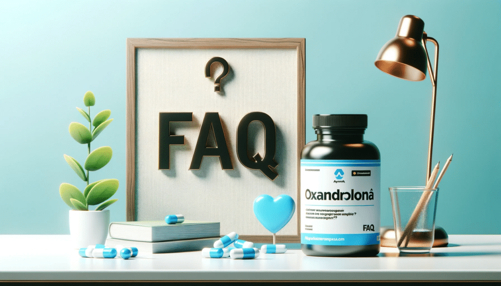 Wide photo of a FAQ sign next to an Oxandrolona medicine bottle both placed on a white table with a light cyan gradient background