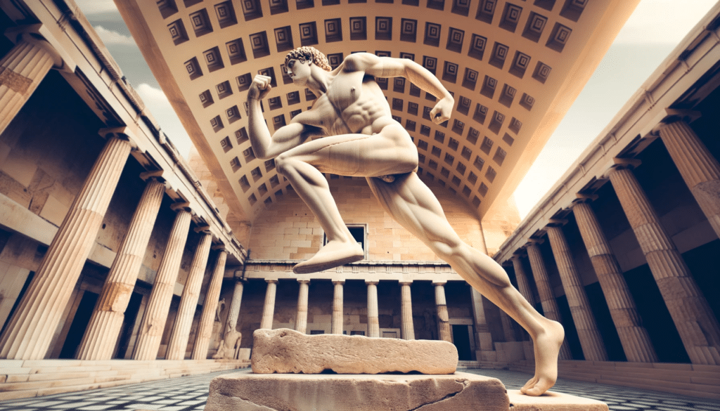 Wide photo of a Greek statue in a dynamic pose symbolizing physical exercise set against a backdrop of an ancient gymnasium. The statue exudes stren 1