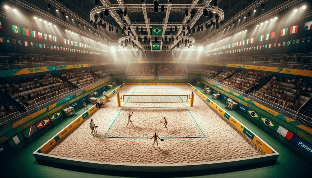 Wide photo of a modified beach volleyball court set within a grand arena. The net stands at the height of an average person approximately 1.7 meters