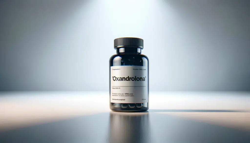 Foto em formato largo de um frasco elegante de 'Oxandrolona' com design contemporâneo, suavemente iluminado, posicionado contra um fundo branco imaculado