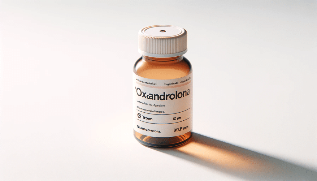 Foto em formato largo de um frasco simples de 'Oxandrolona', destacando seu rótulo, projetando uma sombra suave sobre um fundo branco