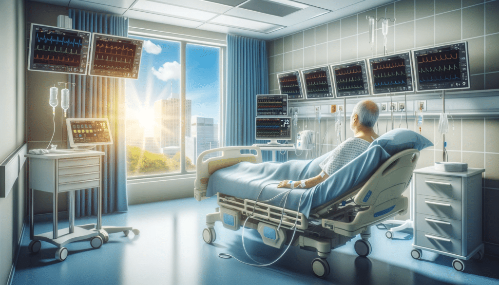 Wide photo realistic depiction of a post op patient in a bright hospital room hooked to monitors displaying vital signs with a window showing a sunn 1
