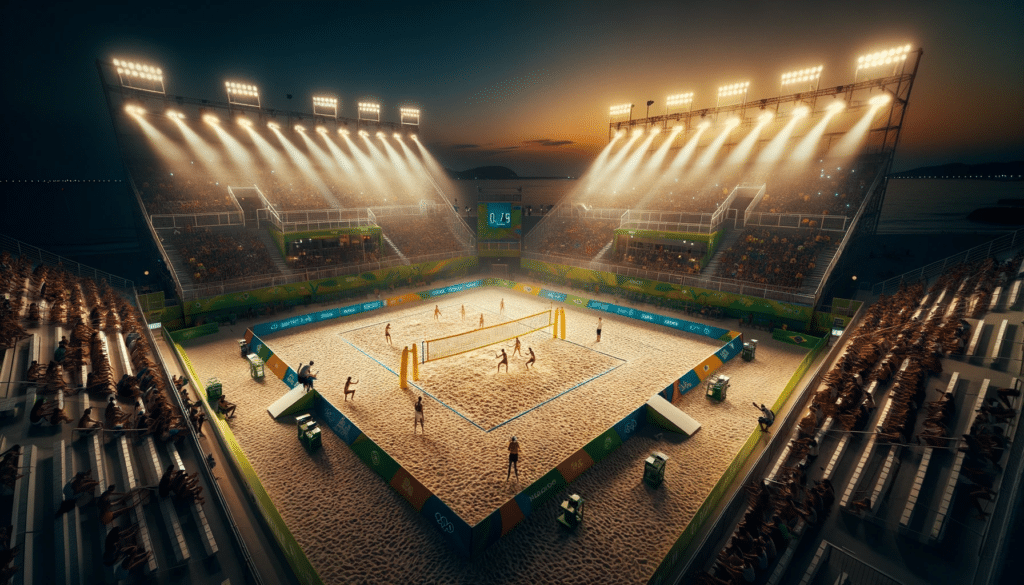 Wide shot of an illuminated beach volleyball court set in a stadium like arena at dusk. The nets height is around 1.7 meters suitable for the BeachT 1