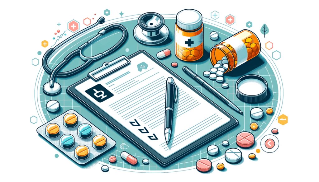 Wide vector design of a doctors desk with a prescription pad stethoscope and a bottle of Oxandrolona pills. Highlighted areas indicate potential si