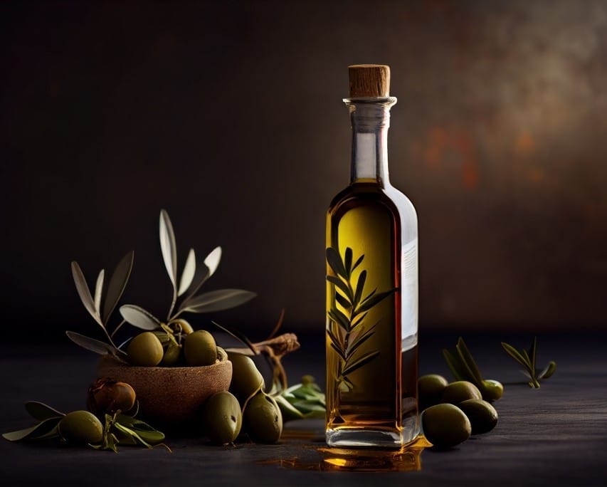 azeite de oliva e azeitonas por ia com fundo escuro