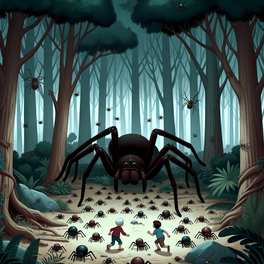 dark forest with two young boys cautiously approaching a giant spider surrounded by many smaller spiders.