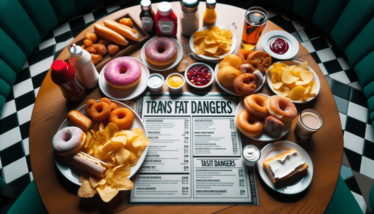 foto iluminada de uma mesa de restaurante exibindo vários alimentos ricos em gorduras trans, como rosquinhas, batatas fritas e produtos assados processados.