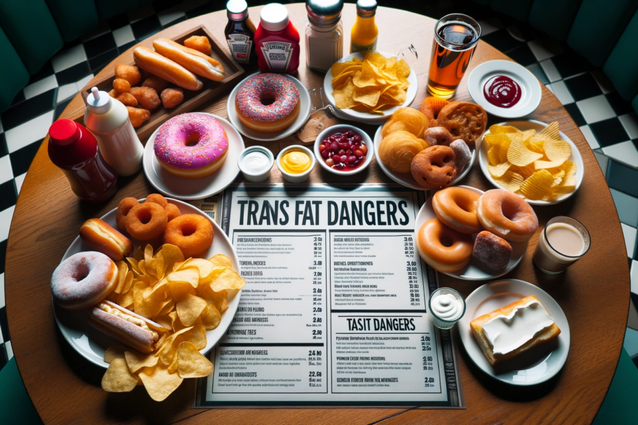 foto iluminada de uma mesa de restaurante exibindo vários alimentos ricos em gorduras trans, como rosquinhas, batatas fritas e produtos assados processados.