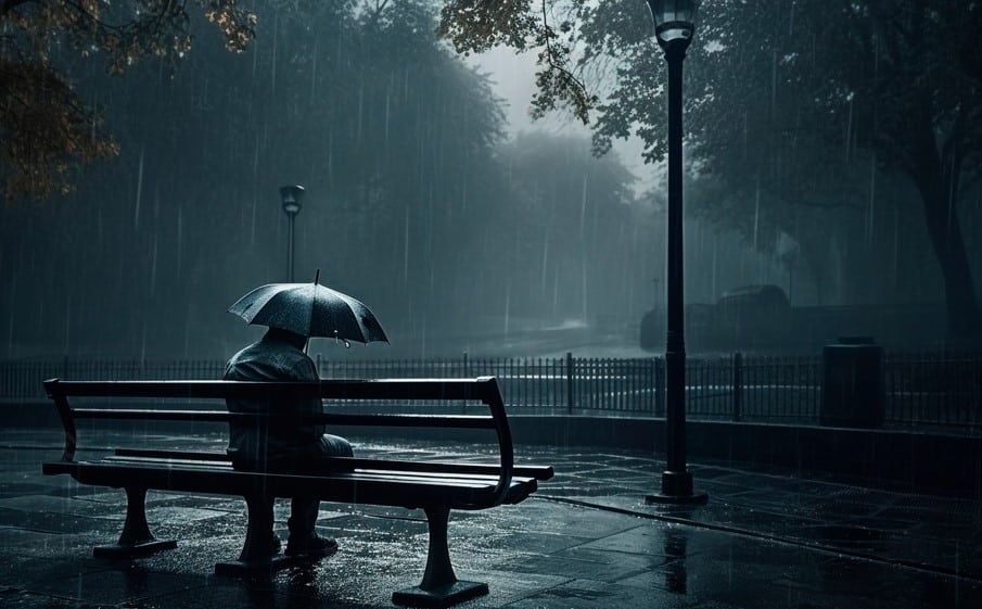 homem segurando um guarda-chuva sentado em um banco na rua