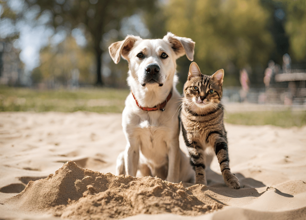imagem de cão e gato em um parque de areia