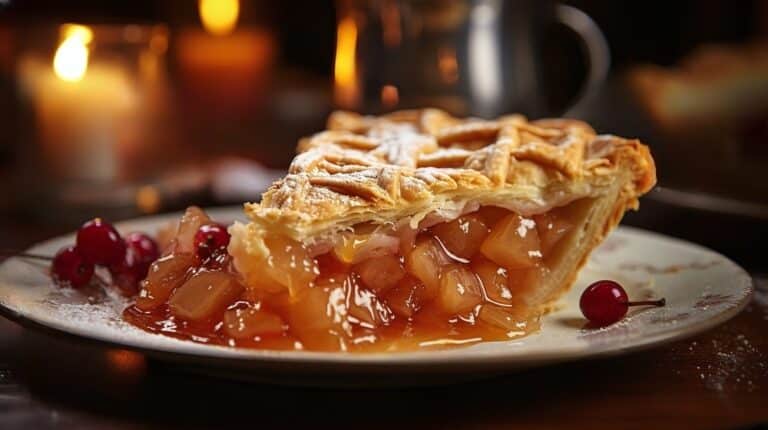 13 Benefícios surpreendentes da Maçã 6 Torta de maça em estilo gourmet com velas ao fundo, imagem gerada por IA
