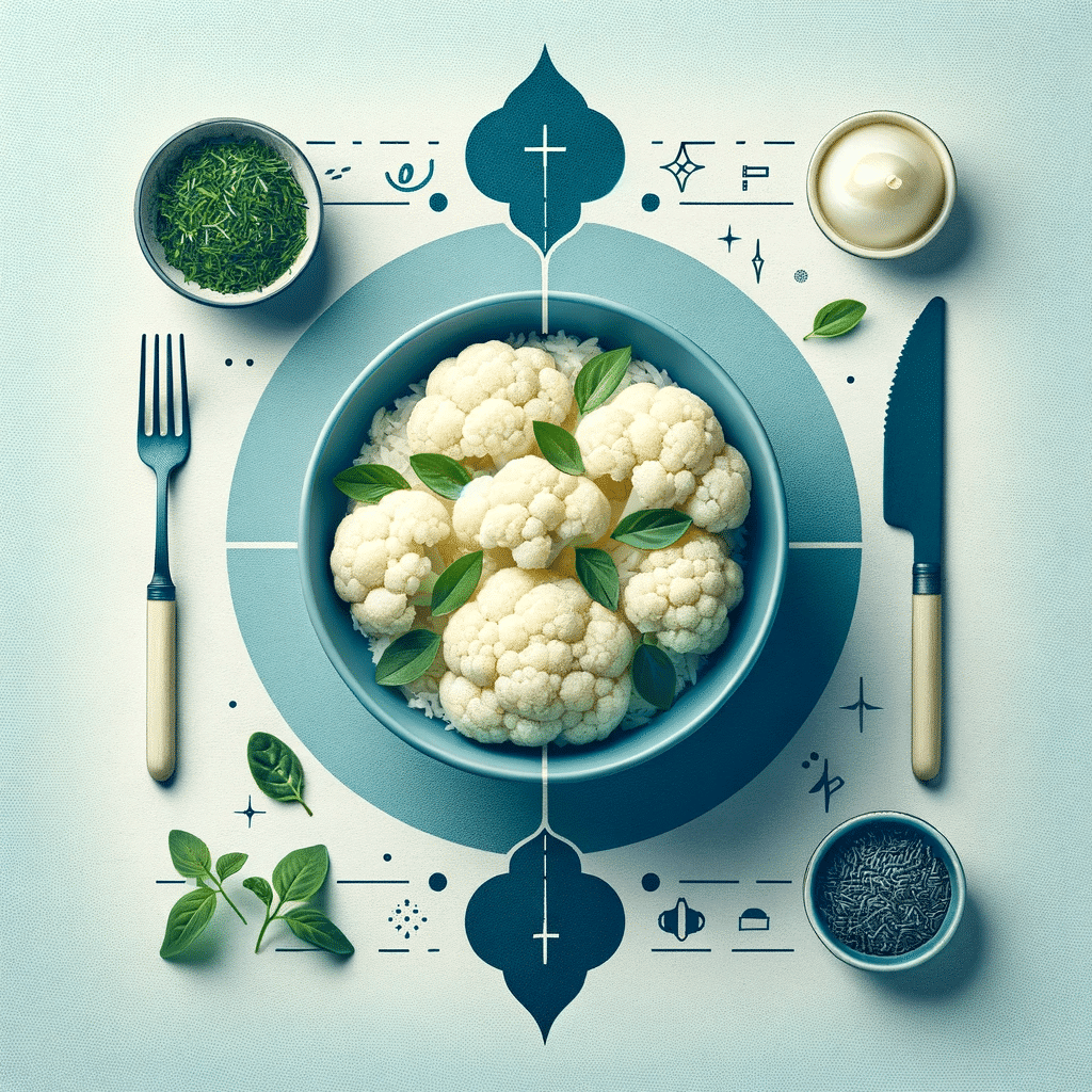 A bowl of cauliflower rice garnished with fresh herbs on top. The bowl should be a cyan blue color. The image should have a clean healthy look with k 2