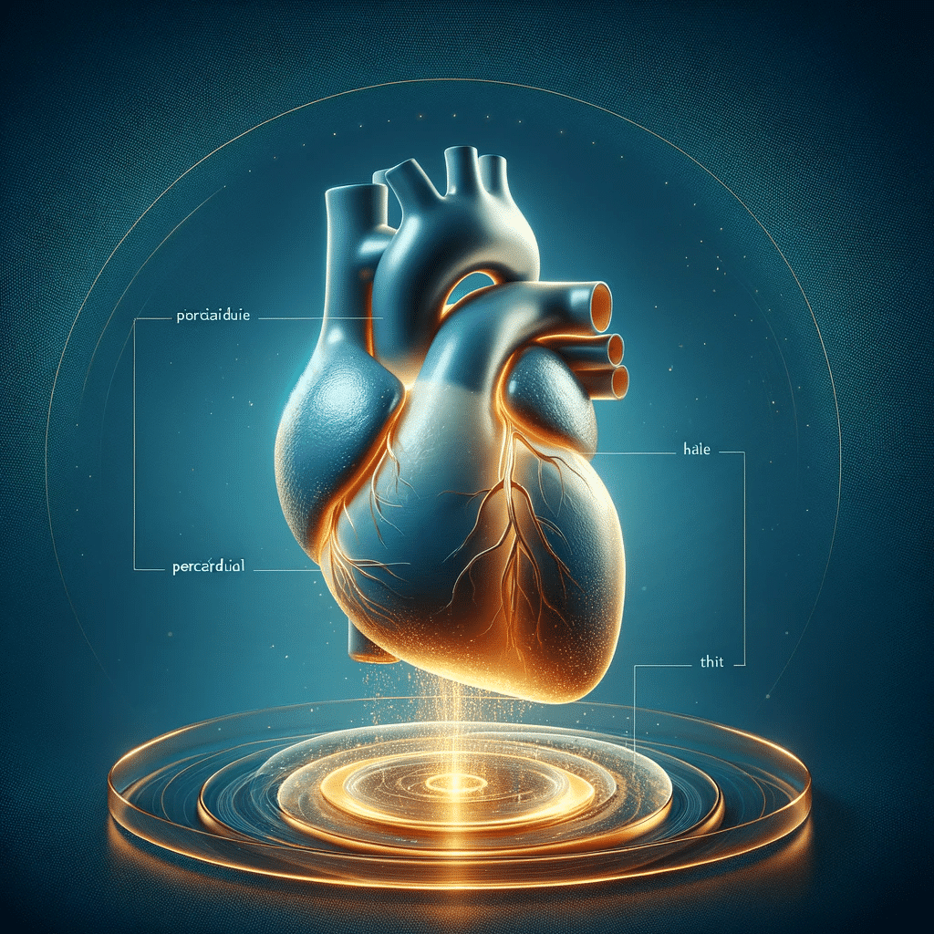 A clean and sophisticated digital illustration showing the concept of pericardial fluid, with a focus on a stylized, transparent human heart suspended.