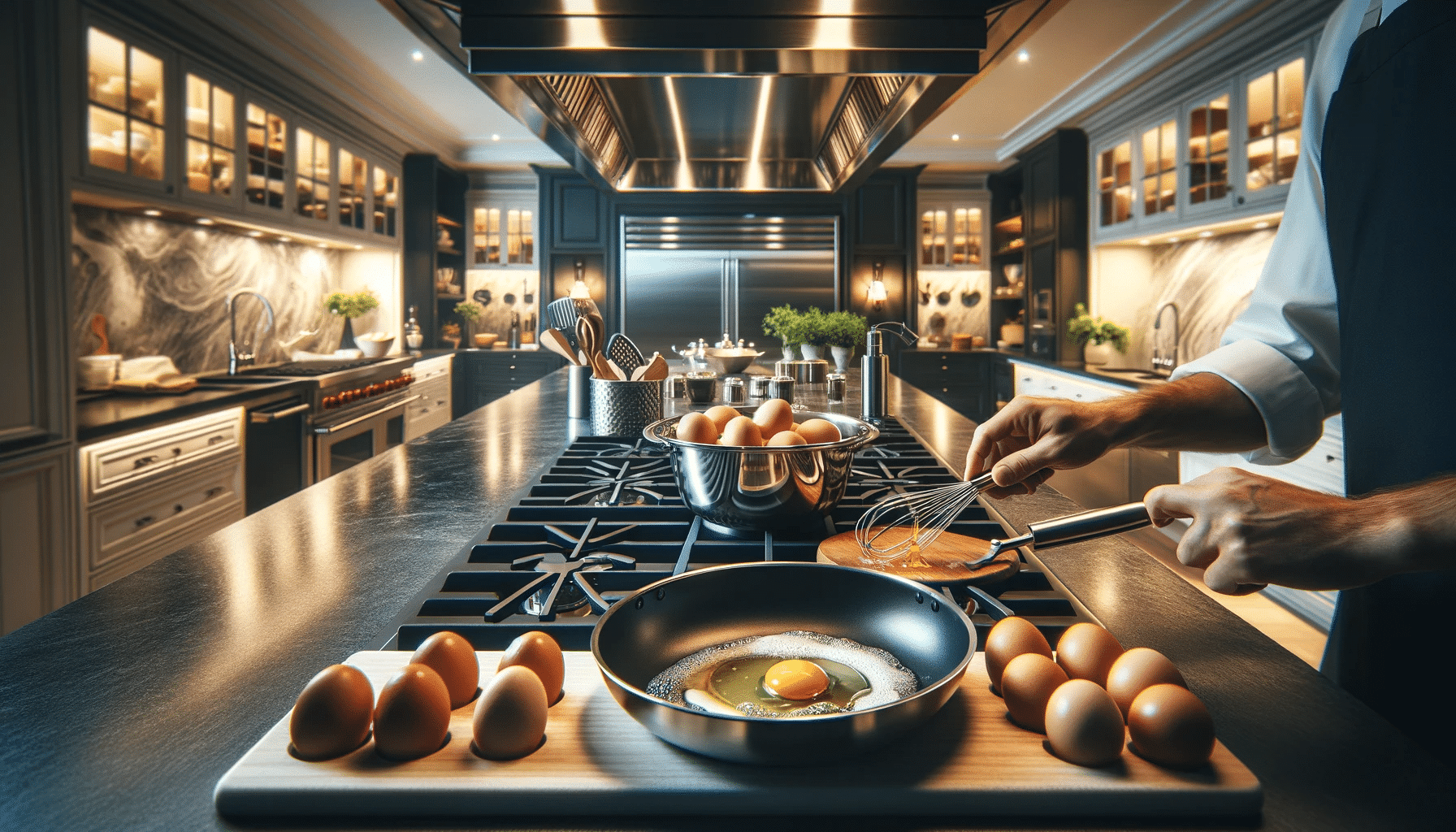 A close up horizontal view focusing on a kitchen island in a modern gourmet kitchen. The perspective is from the kitchen island looking out towards t