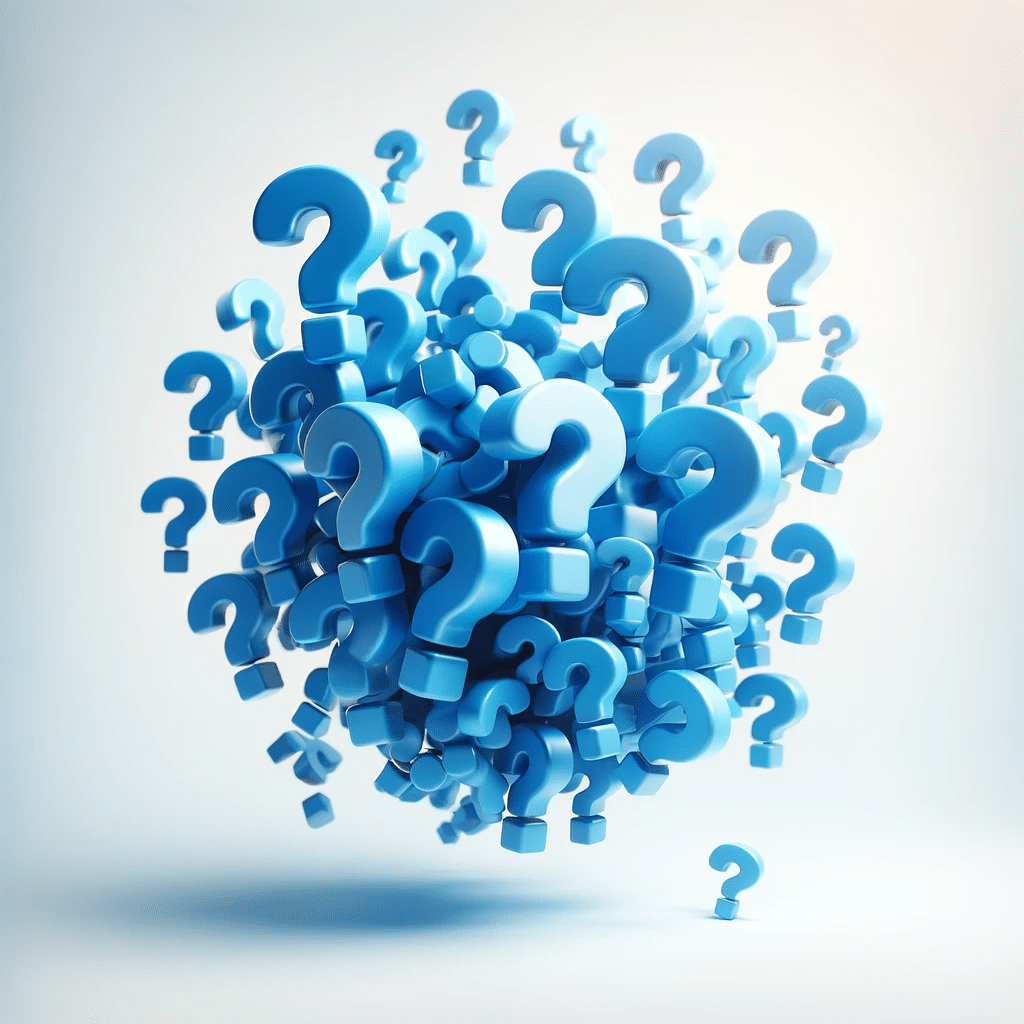 A cluster of three-dimensional blue question marks floating against a clean, white background. The question marks are in various sizes and arranged at