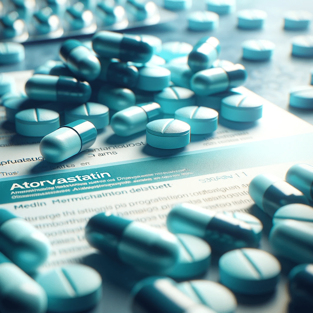 A composition of atorvastatin pills scattered in the foreground with a blurred background showing a medical leaflet. The color palette is dominated by Atorvastatina