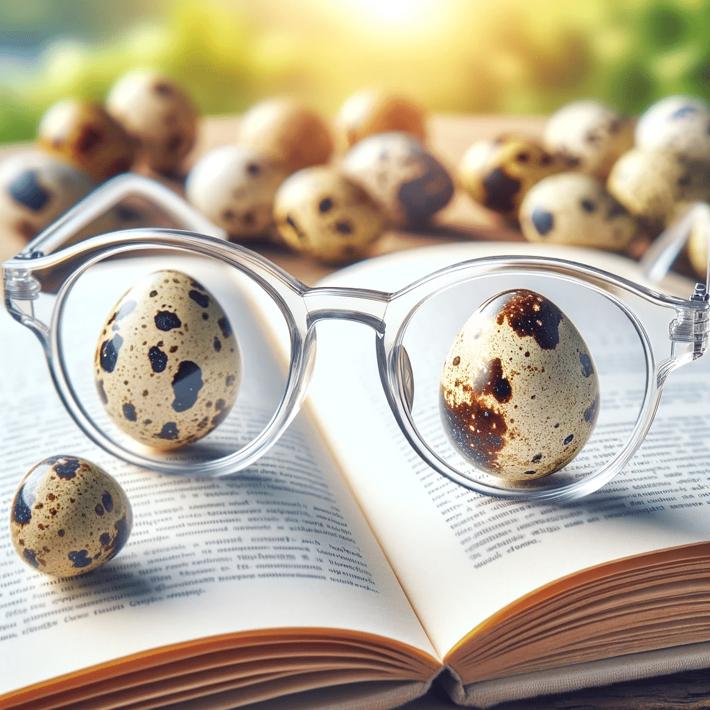A conceptual image showing a pair of eyeglasses with lenses made out of quail eggs placed on an open book about nutrition and vision health. The quai