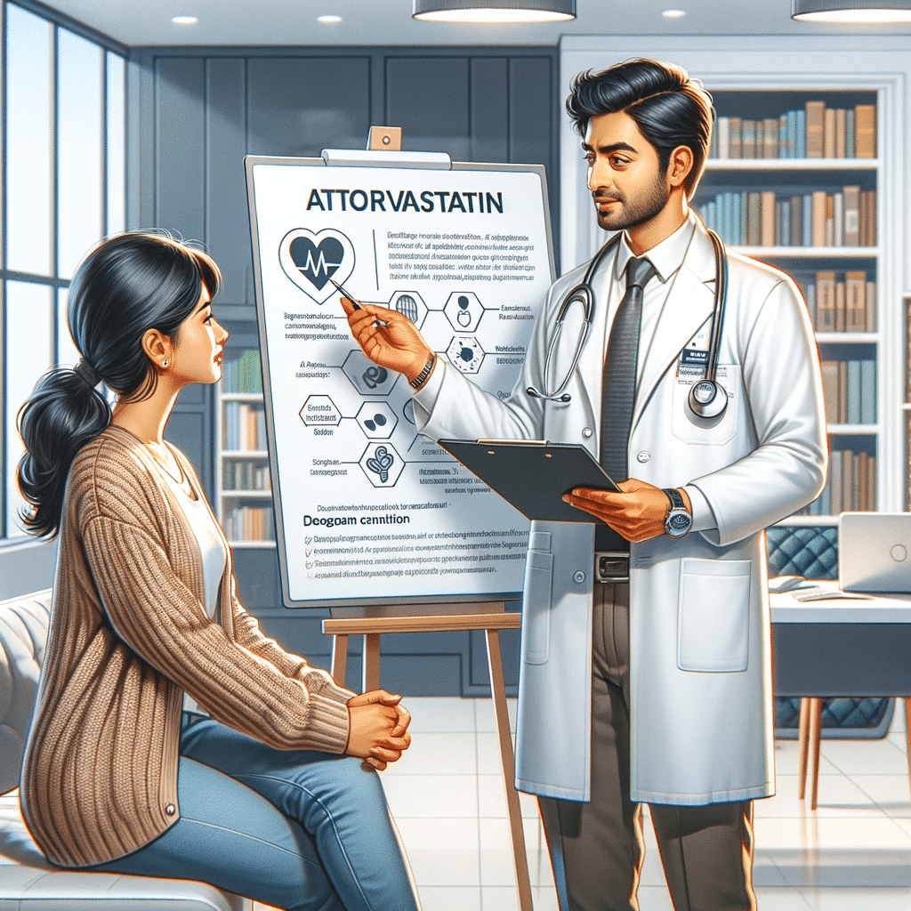 A detailed illustration of a doctor of Middle-Eastern descent in a white coat conversing with a patient of South Asian descent. The doctor is pointing