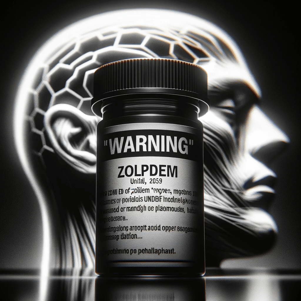 A dramatic and compelling image of a Black Box Warning label from the United States with a focus on the medication Zolpidem. The image showcases a