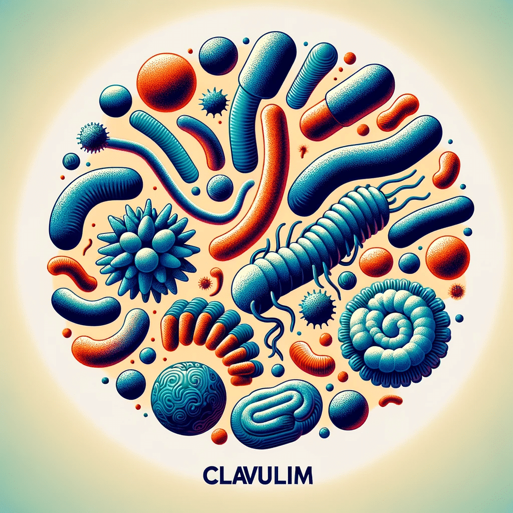 A graphic representation of common bacteria that Clavulim can treat. The image should show a variety of bacteria shapes and types that are susceptible.